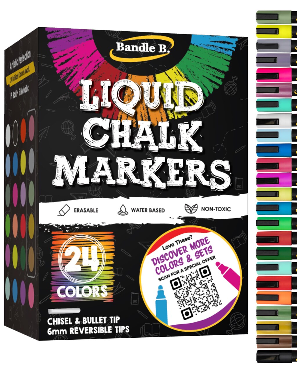 Chalk Markers - 24 Vibrant, Erasable, Non-Toxic, Water-Based, Reversible Tips. For Glass or Chalkboard Markers for Businesses, Restaurants, Liquid Drawing Chalk (Vibrant 6mm)
